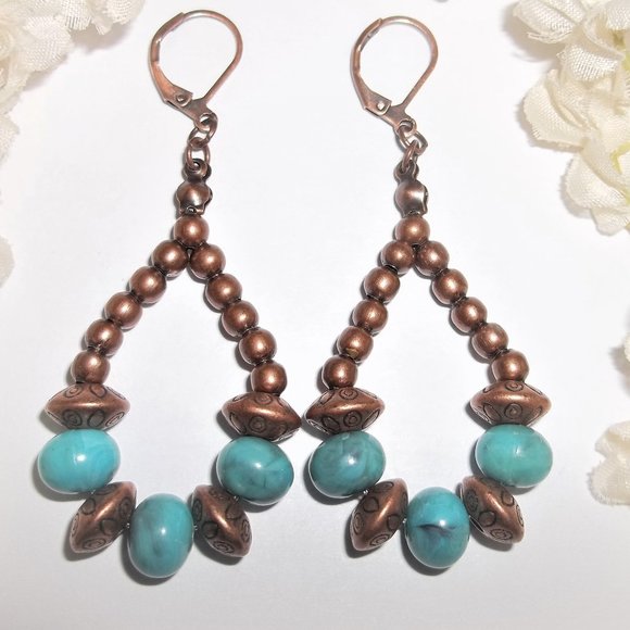 Southwestern Hoop Earrings Turquoise Blue and Rustic Copper Boho Style Set 7013 - Picture 1 of 9